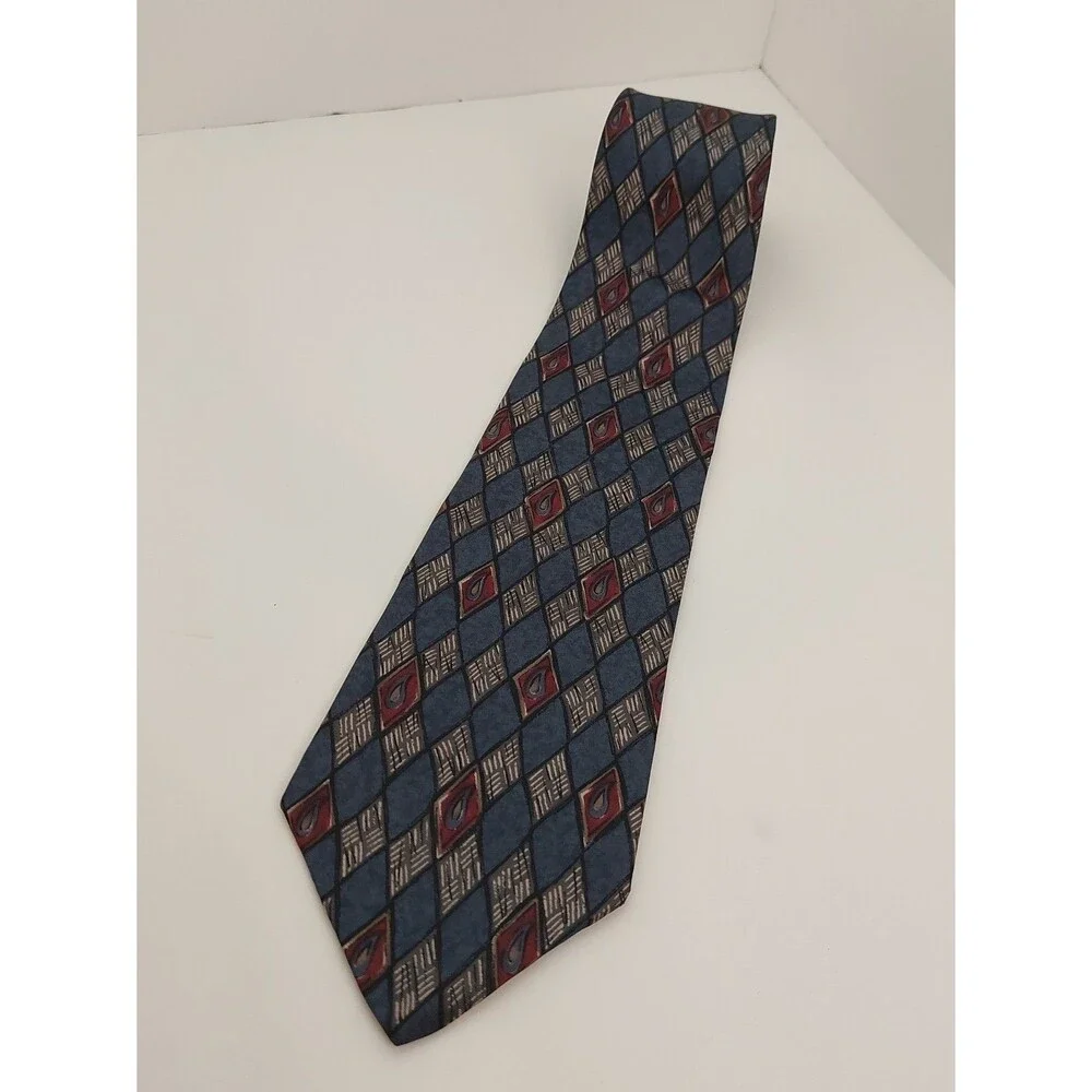 Henry Grethel Men's Tie Blue Burgundy Gray Diamond Pattern